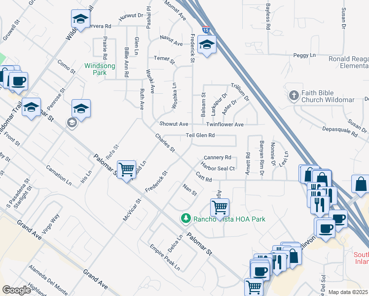 map of restaurants, bars, coffee shops, grocery stores, and more near 35869 Frederick Street in Wildomar