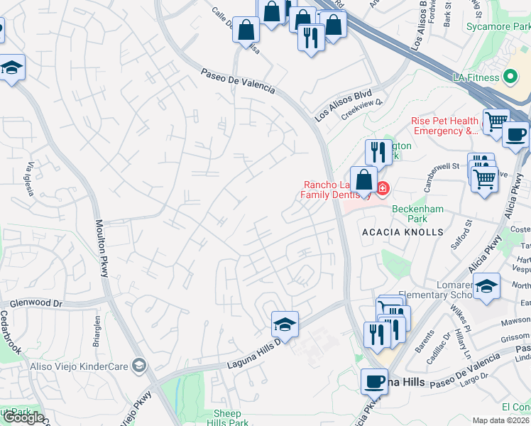 map of restaurants, bars, coffee shops, grocery stores, and more near Avenida Sevilla in Laguna Woods