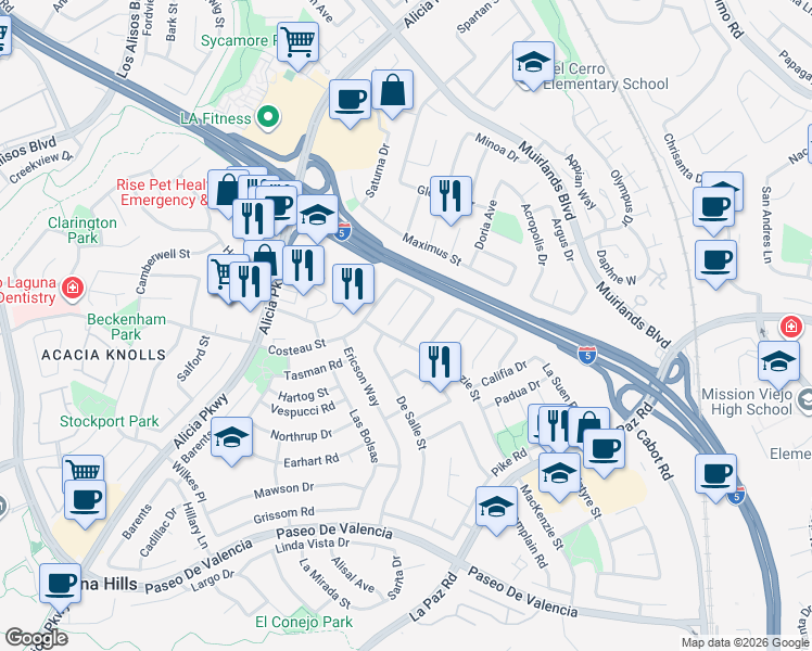 map of restaurants, bars, coffee shops, grocery stores, and more near 24955 Wells Fargo Drive in Laguna Hills