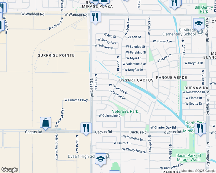 map of restaurants, bars, coffee shops, grocery stores, and more near 12921 West Windrose Drive in El Mirage