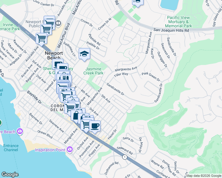 map of restaurants, bars, coffee shops, grocery stores, and more near 866 Sandcastle Drive in Newport Beach