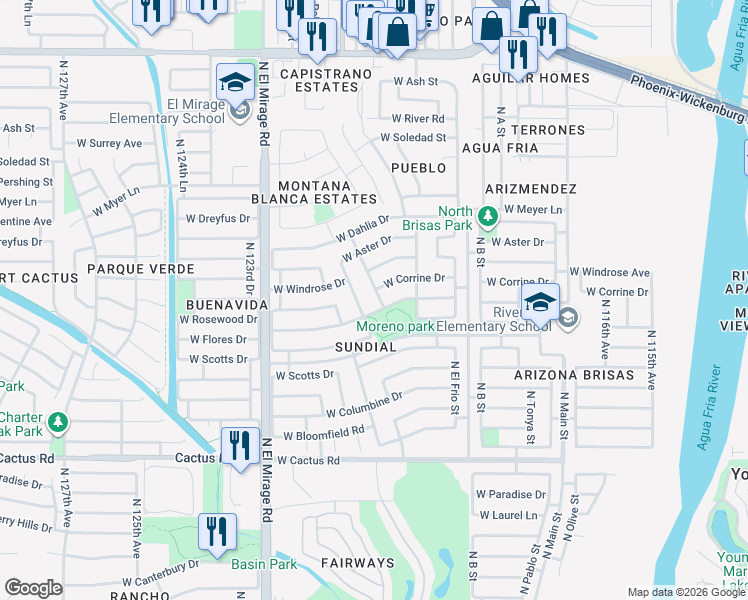 map of restaurants, bars, coffee shops, grocery stores, and more near 12812 North Primrose Street in El Mirage