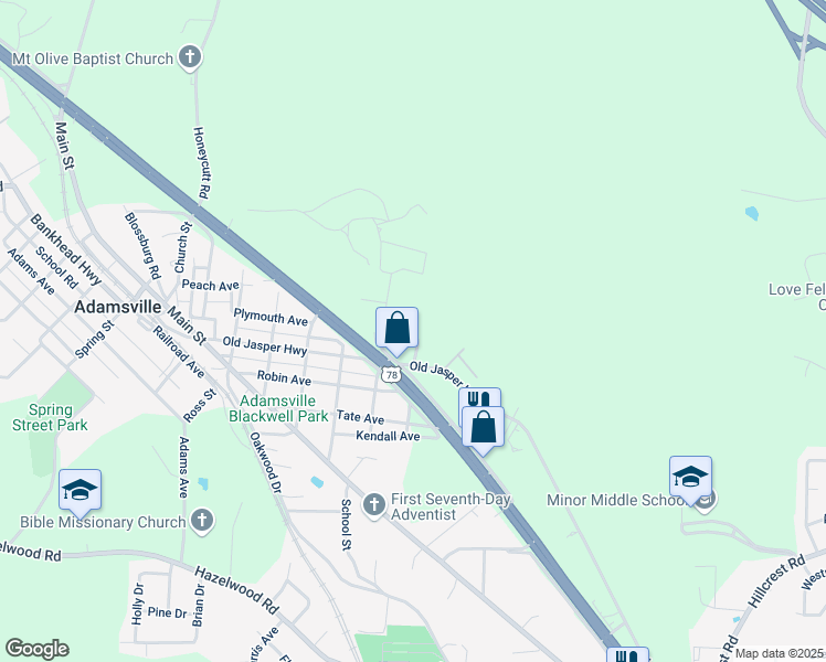 map of restaurants, bars, coffee shops, grocery stores, and more near 4238 Harden Street in Adamsville