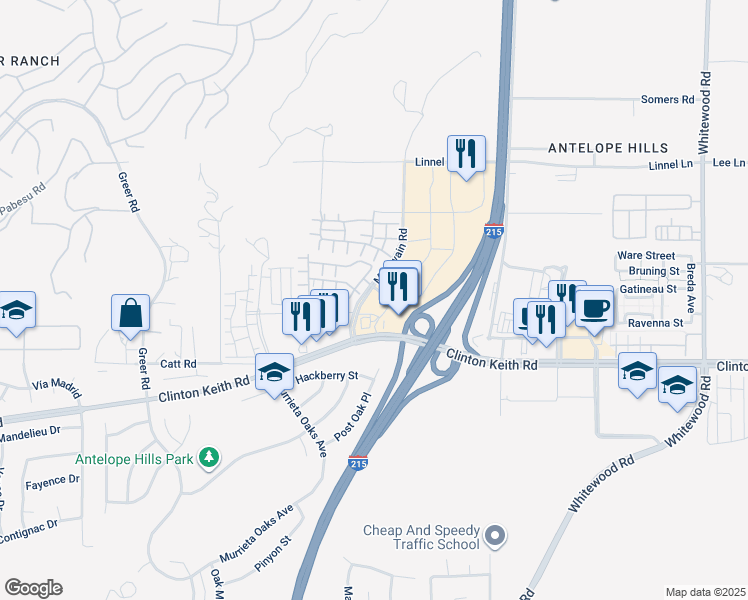 map of restaurants, bars, coffee shops, grocery stores, and more near 27714 McElwain Road in Murrieta