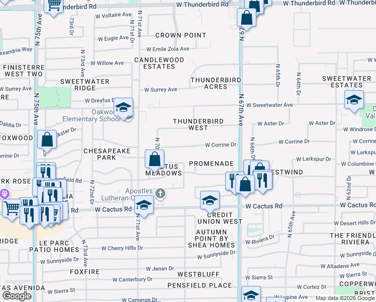 map of restaurants, bars, coffee shops, grocery stores, and more near 6905 West Corrine Drive in Peoria