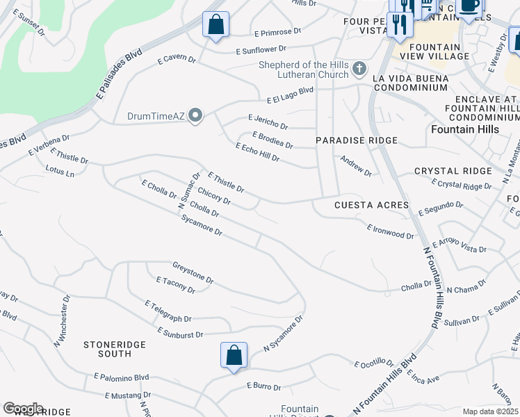 map of restaurants, bars, coffee shops, grocery stores, and more near 15829 Chicory Drive in Fountain Hills