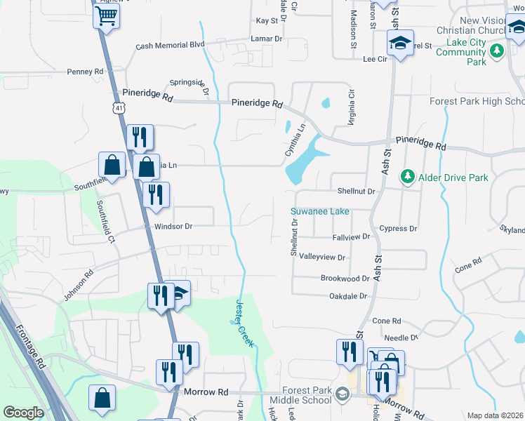 map of restaurants, bars, coffee shops, grocery stores, and more near 562 Windsor Drive in Forest Park
