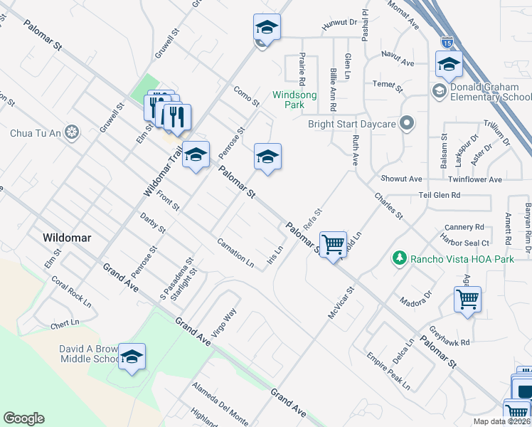 map of restaurants, bars, coffee shops, grocery stores, and more near 21834 Heliotrope Lane in Wildomar