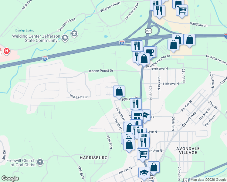 map of restaurants, bars, coffee shops, grocery stores, and more near 1103 23rd Street North in Pell City