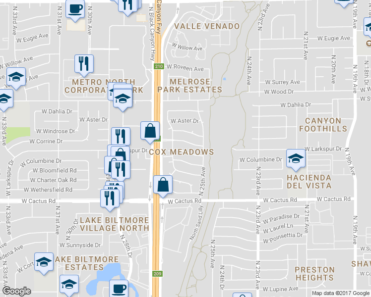 map of restaurants, bars, coffee shops, grocery stores, and more near 2538 West Larkspur Drive in Phoenix