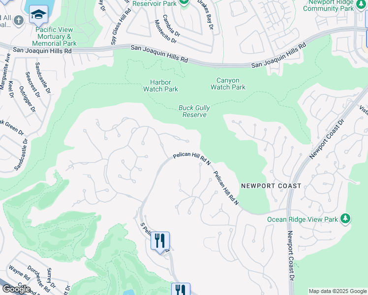 map of restaurants, bars, coffee shops, grocery stores, and more near 18 Canyon Rim in Newport Beach