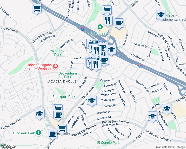map of restaurants, bars, coffee shops, grocery stores, and more near 25061 Costeau Street in Laguna Hills
