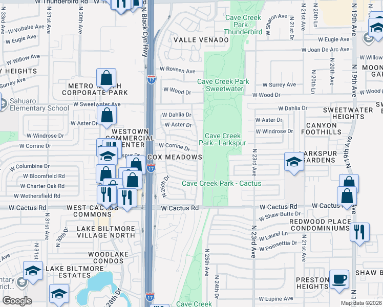 map of restaurants, bars, coffee shops, grocery stores, and more near 2501 West Corrine Drive in Phoenix