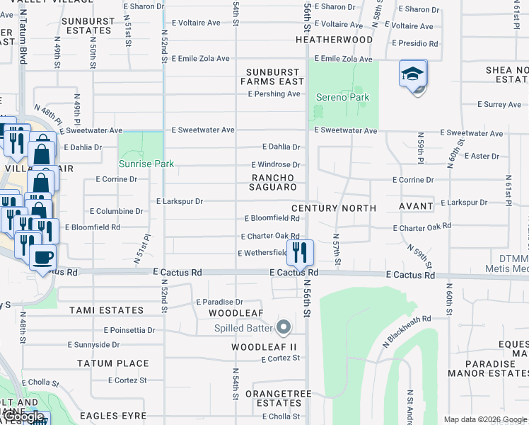 map of restaurants, bars, coffee shops, grocery stores, and more near 5440 East Bloomfield Road in Scottsdale