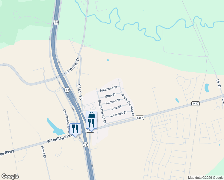 map of restaurants, bars, coffee shops, grocery stores, and more near 310 Arkansas Street in Sherman