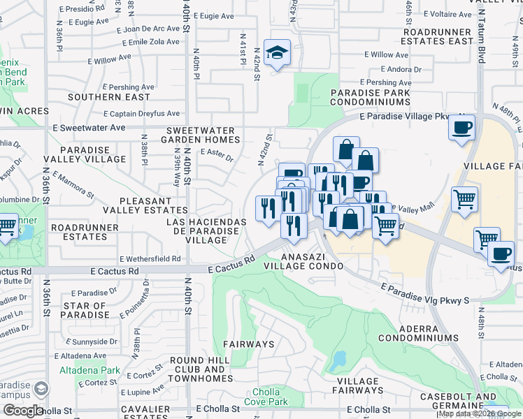 map of restaurants, bars, coffee shops, grocery stores, and more near 4202 East Cactus Road in Phoenix