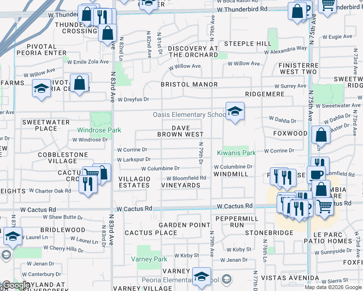 map of restaurants, bars, coffee shops, grocery stores, and more near 8008 West Corrine Drive in Peoria