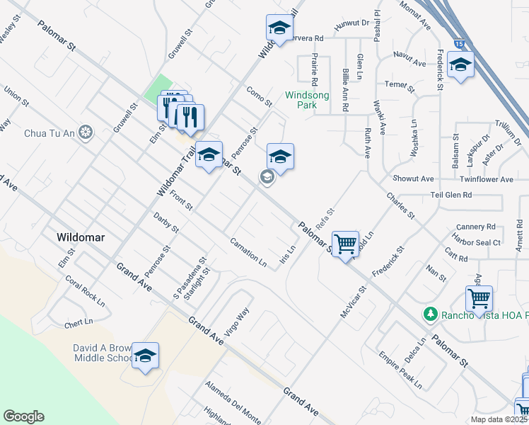 map of restaurants, bars, coffee shops, grocery stores, and more near 21803 Heliotrope Lane in Wildomar