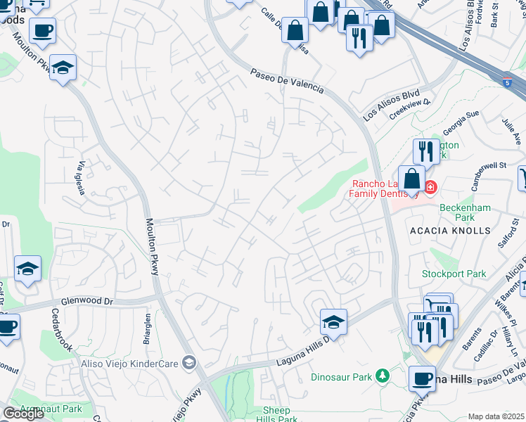 map of restaurants, bars, coffee shops, grocery stores, and more near 587 Avenida Majorca in Laguna Woods