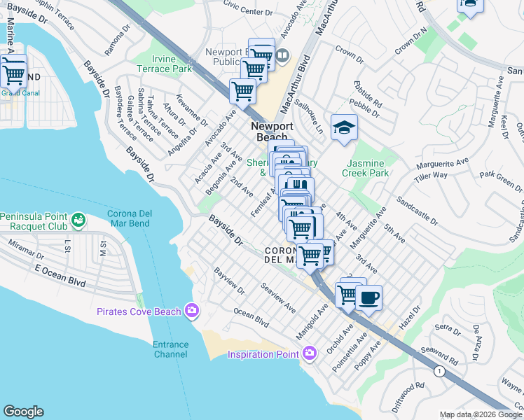 map of restaurants, bars, coffee shops, grocery stores, and more near 432 1/2 Fernleaf Avenue in Newport Beach