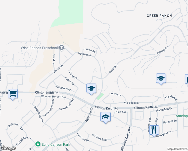 map of restaurants, bars, coffee shops, grocery stores, and more near Greer Road in Murrieta