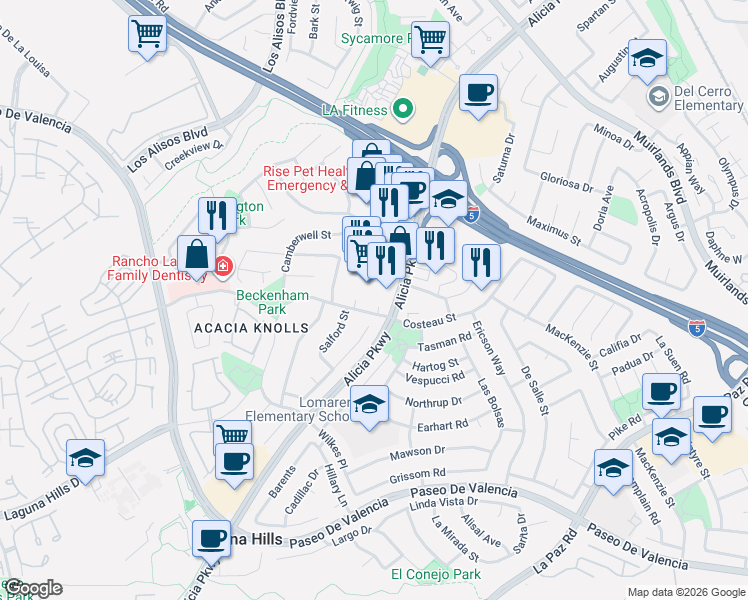 map of restaurants, bars, coffee shops, grocery stores, and more near 25061 Costeau Street in Laguna Hills