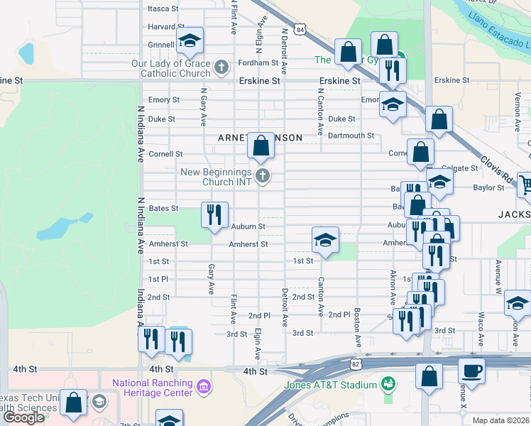 map of restaurants, bars, coffee shops, grocery stores, and more near 2909 Bates Street in Lubbock