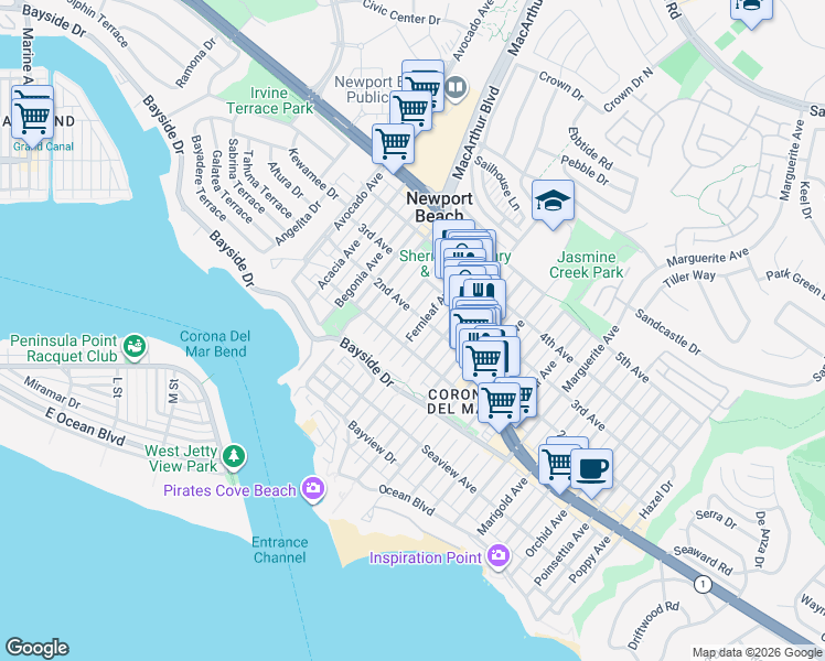 map of restaurants, bars, coffee shops, grocery stores, and more near Fernleaf Avenue in Newport Beach