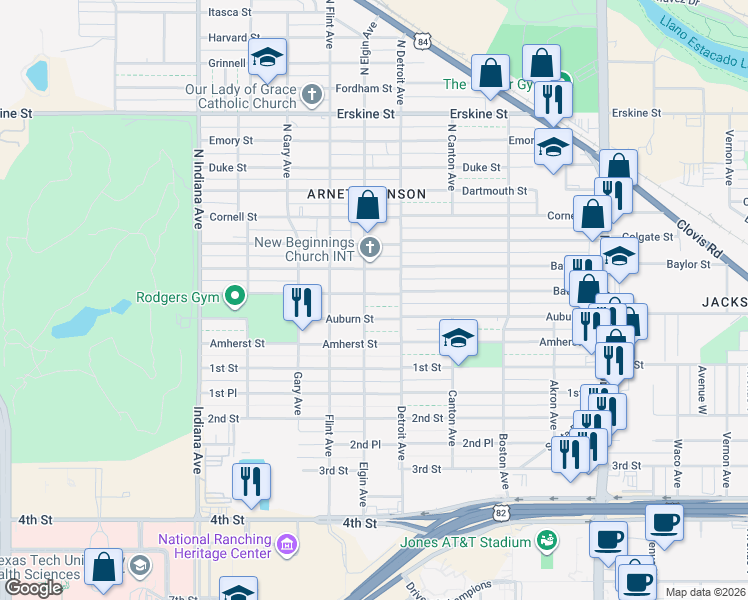 map of restaurants, bars, coffee shops, grocery stores, and more near 2909 Bates Street in Lubbock