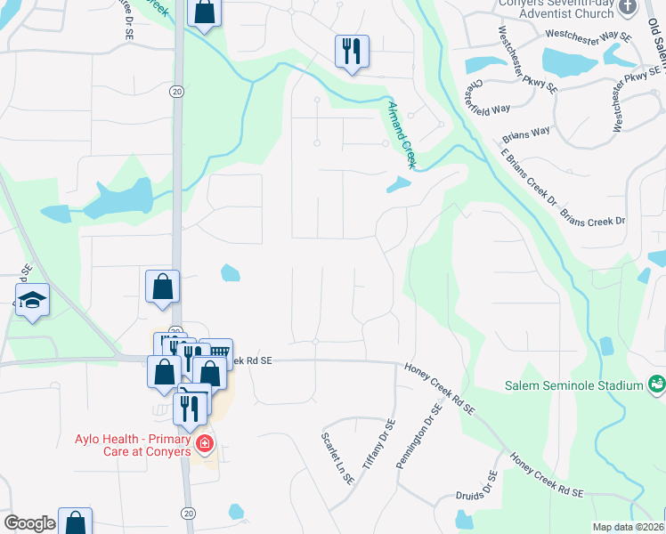 map of restaurants, bars, coffee shops, grocery stores, and more near 1141 Carillon Drive Southeast in Conyers