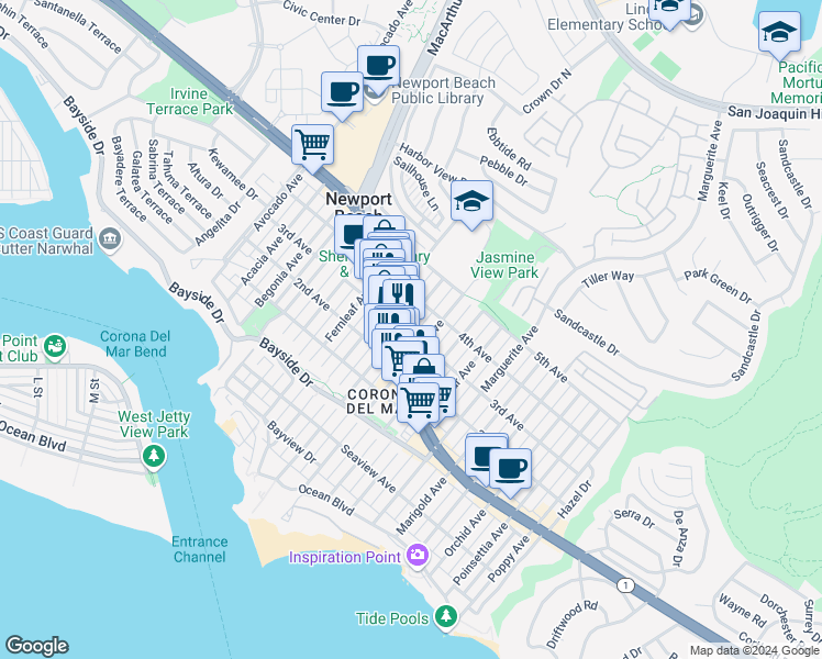 map of restaurants, bars, coffee shops, grocery stores, and more near 600 Heliotrope Avenue in Newport Beach