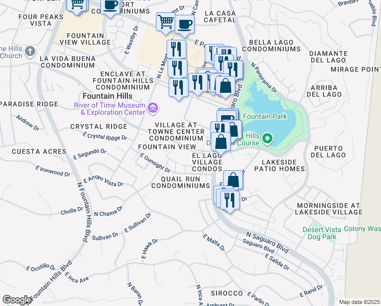 map of restaurants, bars, coffee shops, grocery stores, and more near 16805 East El Lago Boulevard in Fountain Hills