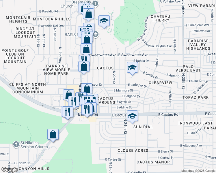 map of restaurants, bars, coffee shops, grocery stores, and more near 2302 East Marmora Street in Phoenix