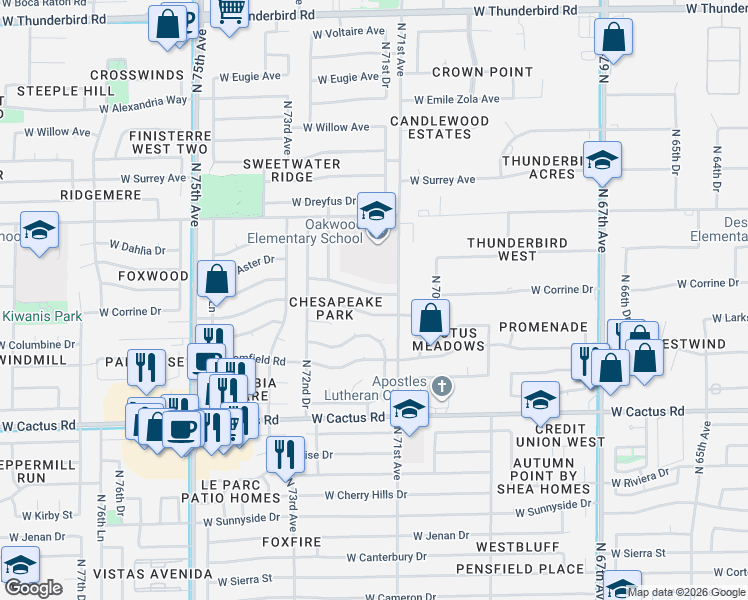 map of restaurants, bars, coffee shops, grocery stores, and more near 7108 West Corrine Drive in Peoria