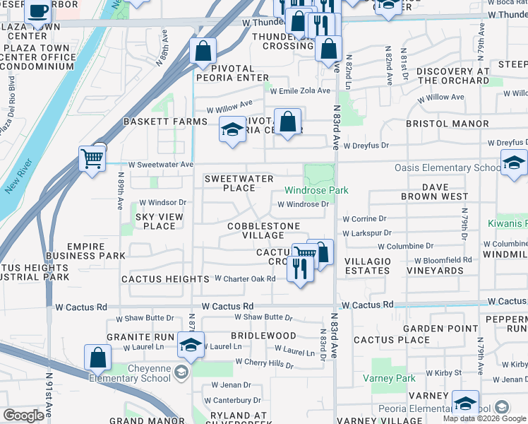 map of restaurants, bars, coffee shops, grocery stores, and more near 8439 West Corrine Drive in Peoria
