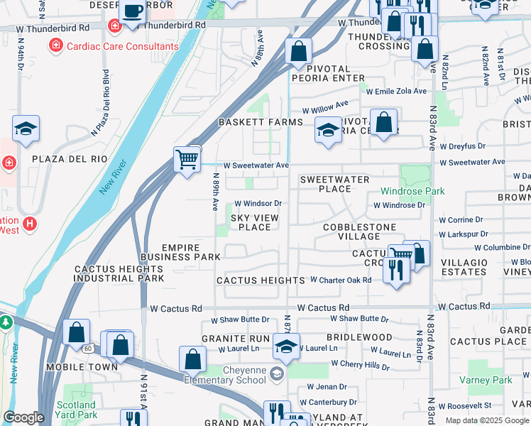 map of restaurants, bars, coffee shops, grocery stores, and more near 8761 West Desert Trail in Peoria