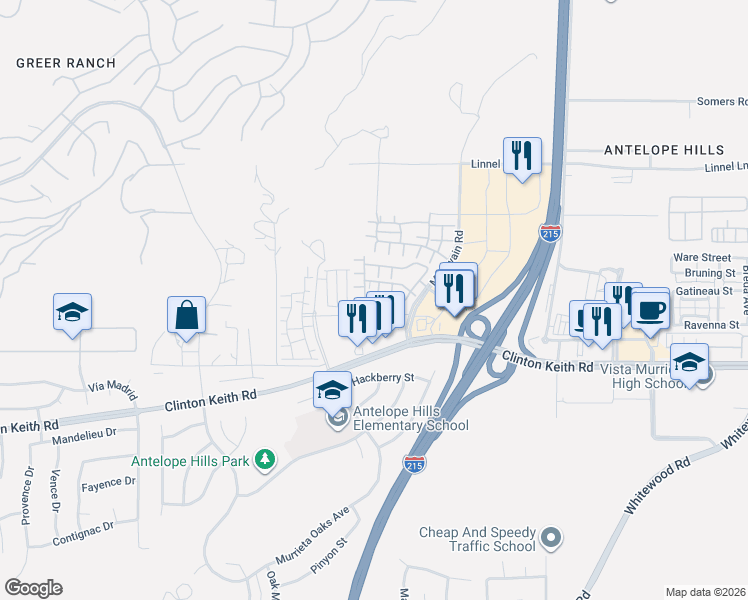 map of restaurants, bars, coffee shops, grocery stores, and more near 27441 Sierra Lane in Murrieta