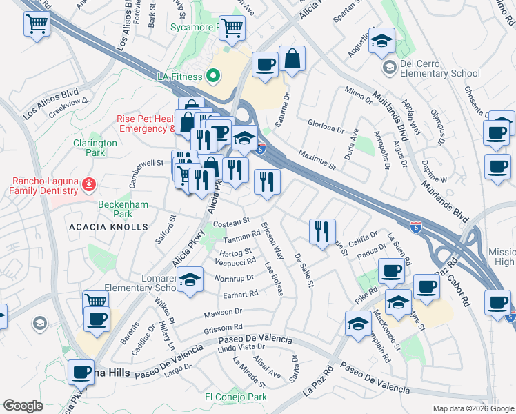 map of restaurants, bars, coffee shops, grocery stores, and more near 25301 Costeau Street in Laguna Hills