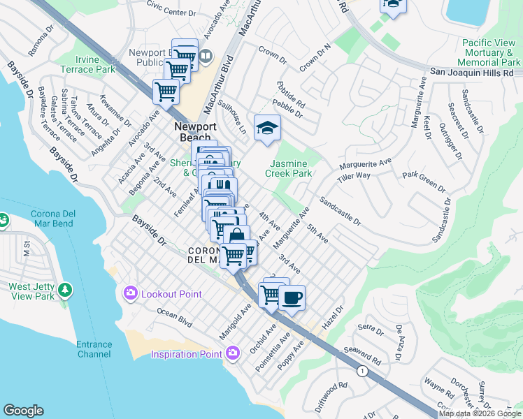 map of restaurants, bars, coffee shops, grocery stores, and more near 621 Jasmine Avenue in Newport Beach