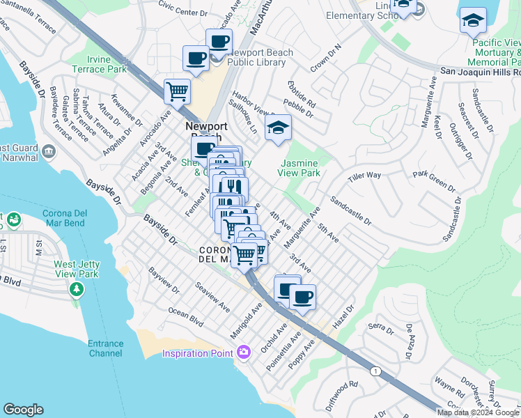 map of restaurants, bars, coffee shops, grocery stores, and more near 621 Jasmine Avenue in Newport Beach