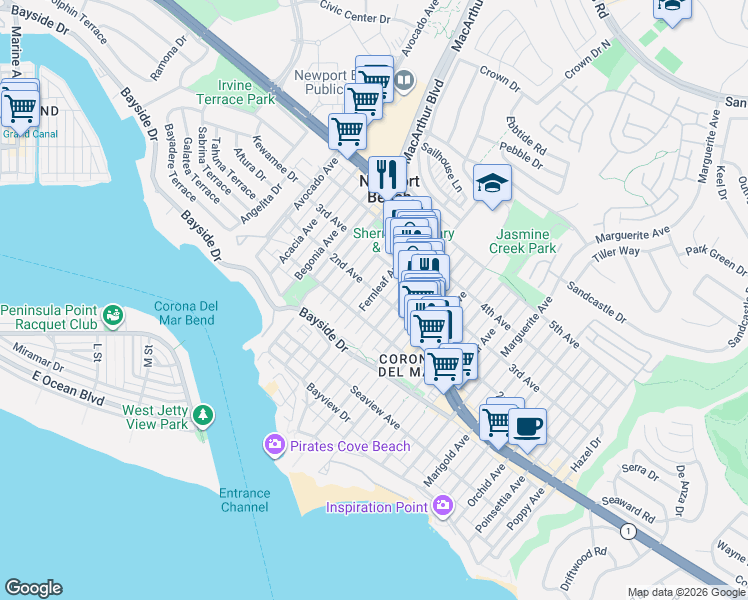 map of restaurants, bars, coffee shops, grocery stores, and more near 432 1/2 Fernleaf Avenue in Newport Beach