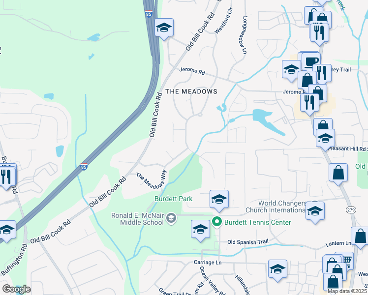 map of restaurants, bars, coffee shops, grocery stores, and more near 5795 Deerfield Trail in Atlanta