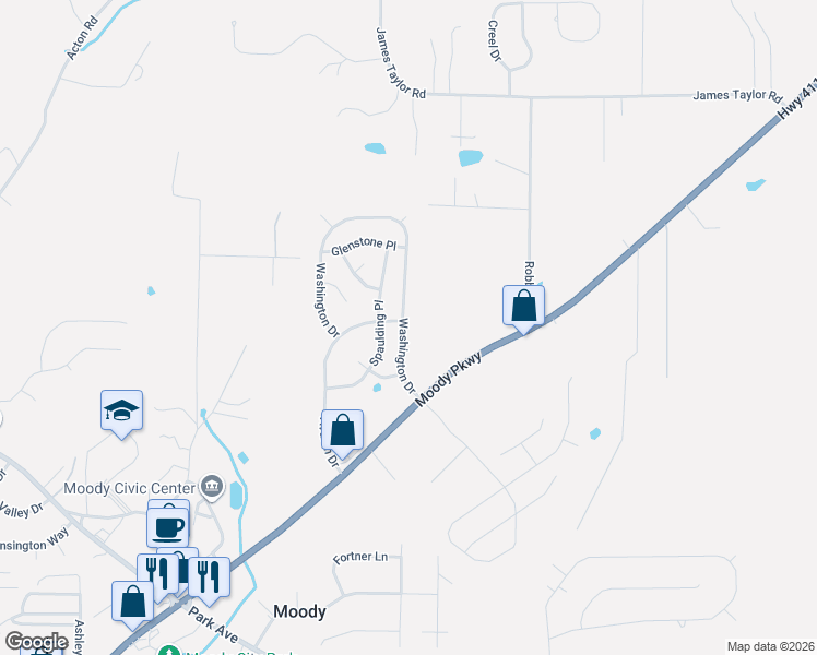 map of restaurants, bars, coffee shops, grocery stores, and more near 1067 Washington Drive in Moody