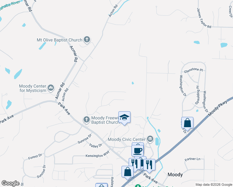 map of restaurants, bars, coffee shops, grocery stores, and more near 4086 Jubilee Lane in Moody