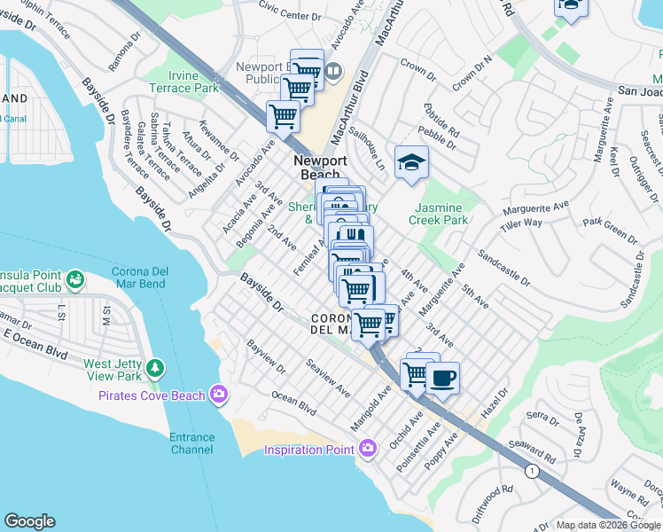 map of restaurants, bars, coffee shops, grocery stores, and more near Goldenrod Avenue in Newport Beach