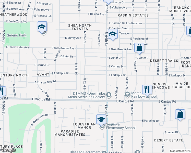 map of restaurants, bars, coffee shops, grocery stores, and more near 6249 East Larkspur Drive in Scottsdale