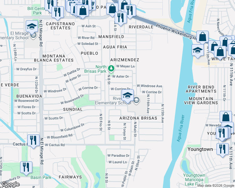 map of restaurants, bars, coffee shops, grocery stores, and more near 11805 West Rosewood Drive in El Mirage