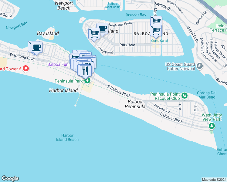 map of restaurants, bars, coffee shops, grocery stores, and more near 1111 East Balboa Boulevard in Newport Beach