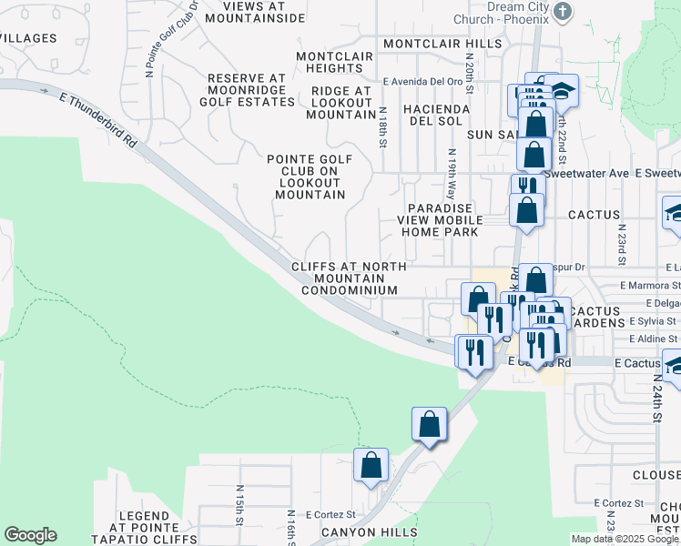 map of restaurants, bars, coffee shops, grocery stores, and more near 1720 East Thunderbird Road in Phoenix