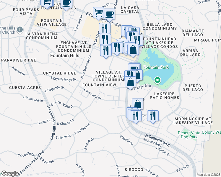 map of restaurants, bars, coffee shops, grocery stores, and more near 16715 East El Lago Boulevard in Fountain Hills